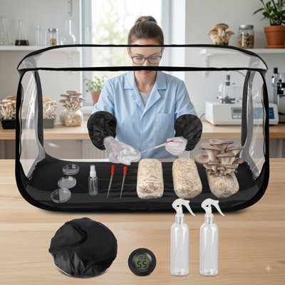 Grande boîte de travail pliable pour culture de champignons Still-Air, poste de travail de mycologie transparent de 38 po x 20 po x 25 po, ouverture à double fermeture à glissière, ports pour bras extensibles, installation sans outil, équipé d'un thermomètre et de 2 vaporisateurs pour la culture