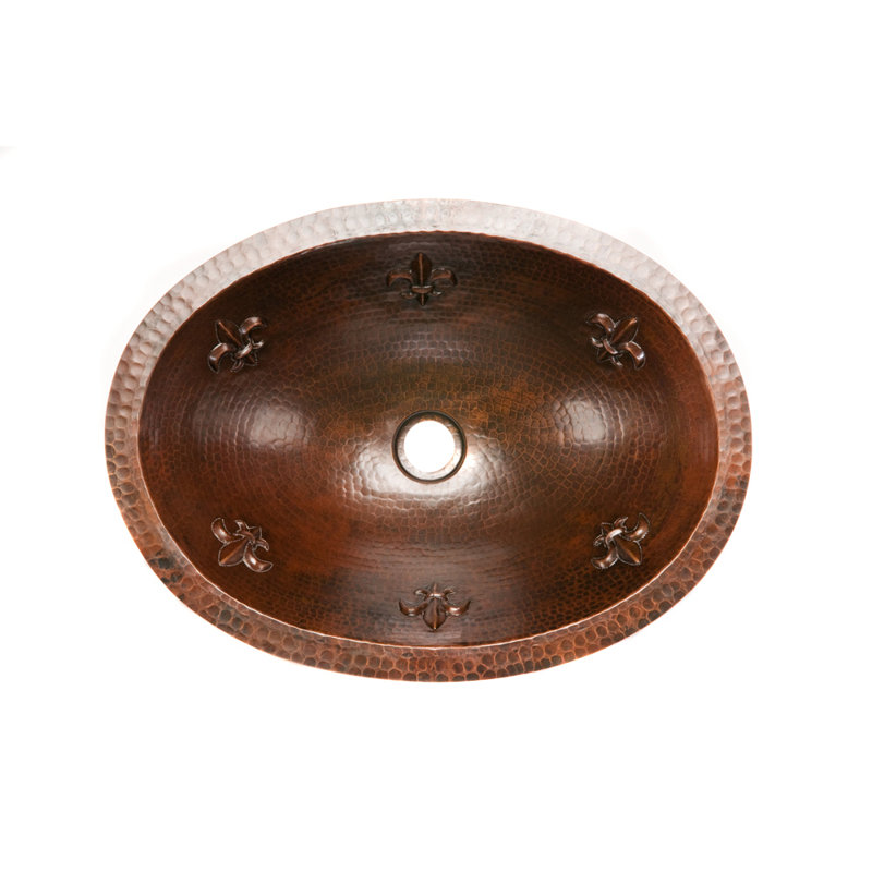 19" Oval Fleur De Lis Under Counter Hammered Copper Bathroom Sink