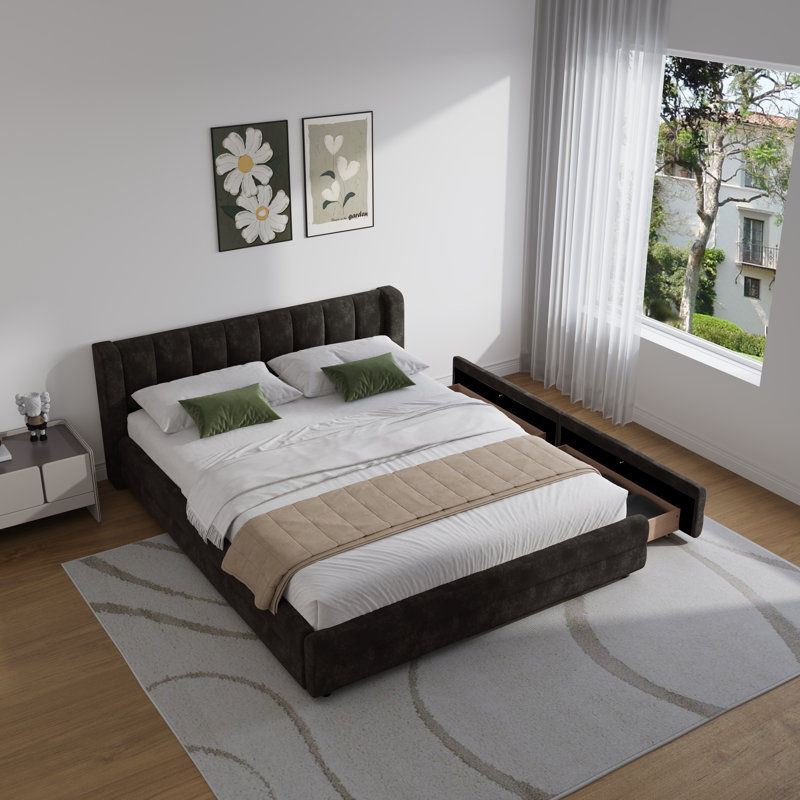 Chenille Upholstered Platform Bed Frame With Padded Headboard And Storage Drawer, Queen, Dark Gray