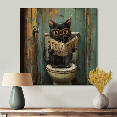 «Cute Cat Ready», journal sur la toilette II - décoration murale en bois pour chat - sur bois de pin naturel