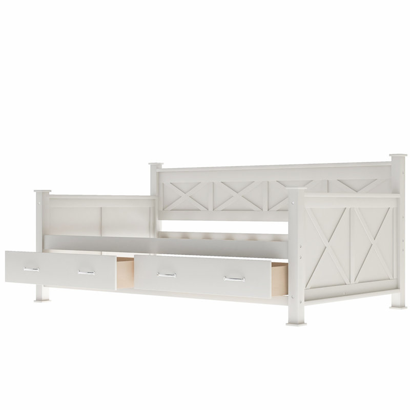 Rustic Style Daybed, Bed Frame With 2 Drawers, Cream White