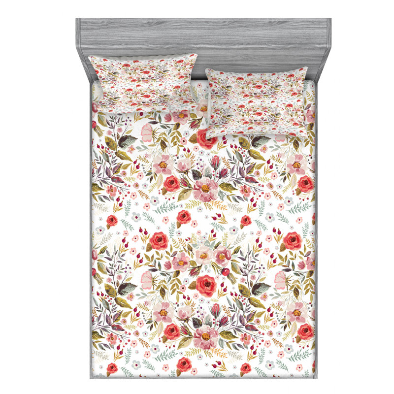 Microfiber Floral Sheet Set, Twin Sheet Set + Fitted Sheet + 1 Pillowcase, Beige/Green/Red Floral