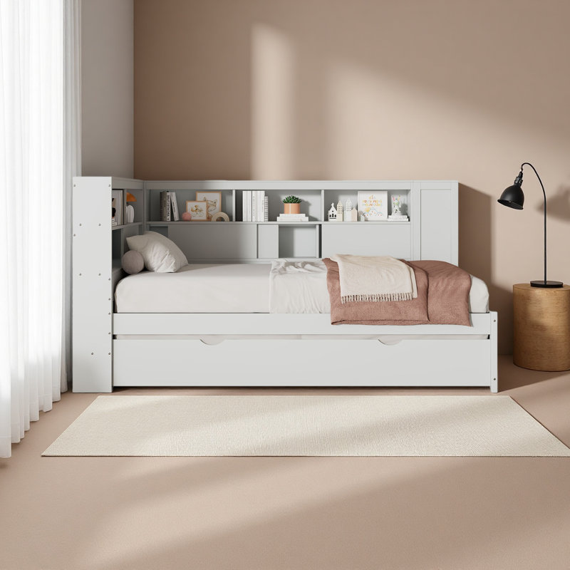 Lit de jour simple en bois avec tablettes de rangement, USB et lit gigogne