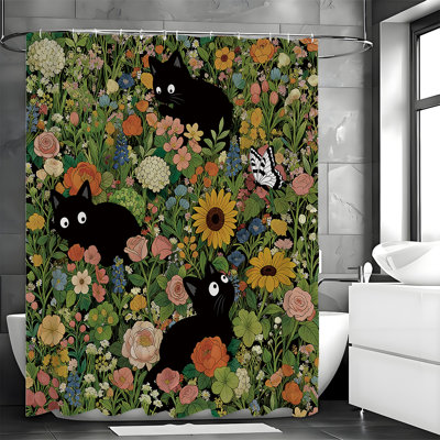 Cats Flowers Shower Curtains with Hooks Included