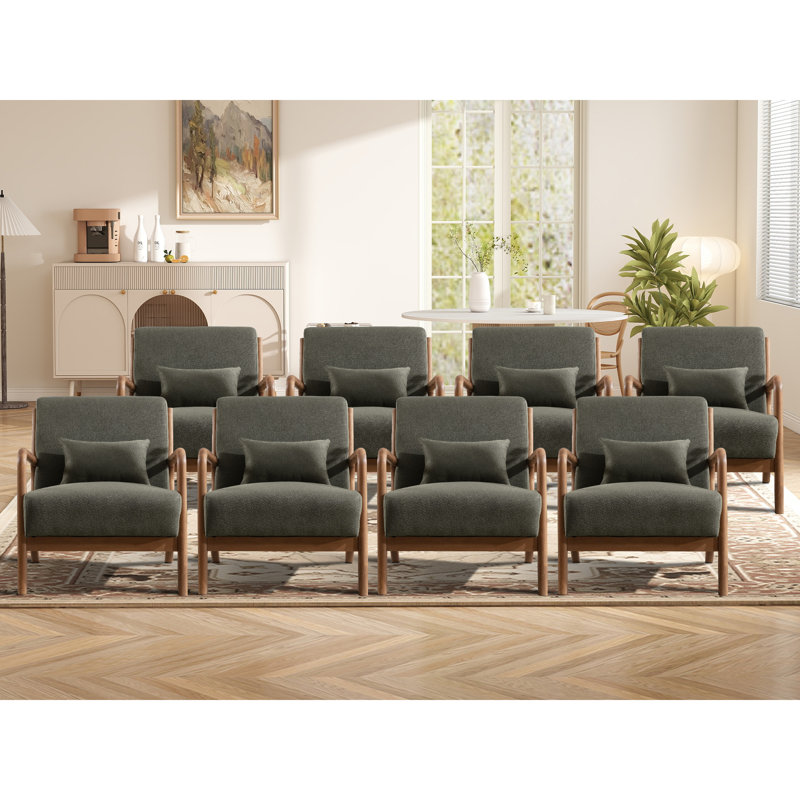 Cashel 25.78" Wide Mid Century Upholstered Accent Chair with an Extra Pillow(Set of 8), Dark Green Linen Blend