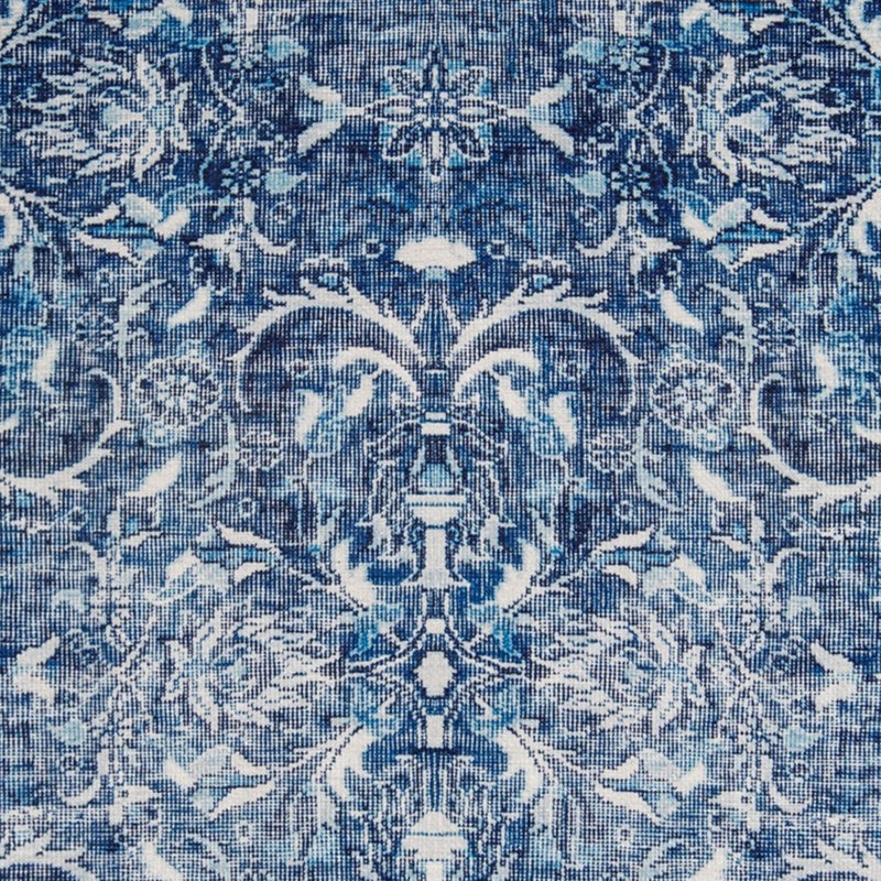 Tapis bleu / blanc en polyester tissé à la machine Espinosa Ikat, Rectangle 4 pi 11 po x 7 pi 7 po