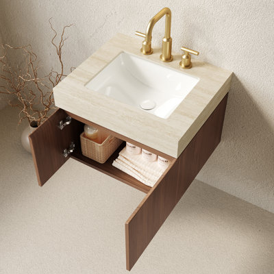 Muri 24" Bathroom Vanity&Sink, Floating Plywood Storage Cabinet With 2 Doors, Roma Travertine Sintered Stone Top&Ceramic Basin With 3 Pre-Drilled Faucet Holes, Pre-Assembled, Brown Oak Woodgrain