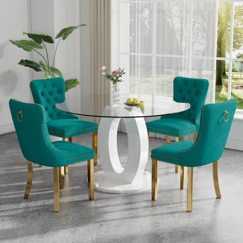 High Gloss Round Dining Table Set with 4 Velvet Dining Chairs, Green/Gold