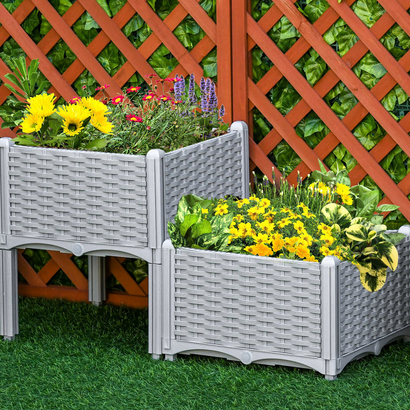Lit de jardin surélevé 2 pièces avec pieds, jardinière grise à arrosage automatique Polypropylène fabriqué, léger et pratique. Trou de drainage approprié. Possibilités d'arrangement personnalisables. Garde les mauvaises herbes