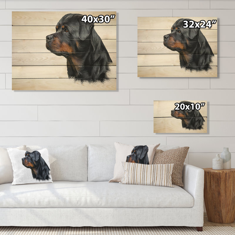 Dessin du chien Rottweiler - impression traditionnelle sur bois noir, H 30 po x l 40 po x P 1 po
