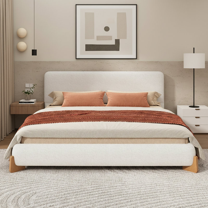 Élégant lit rembourré Boucle, une pièce maîtresse de chambre luxueuse et confortable, Grand lit, Blanc/naturel