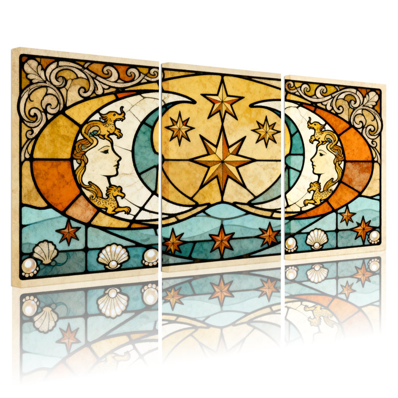 Ensemble de 3 impressions sur toile, lune céleste et étoiles en vitrail, H 24 po x l 48 po