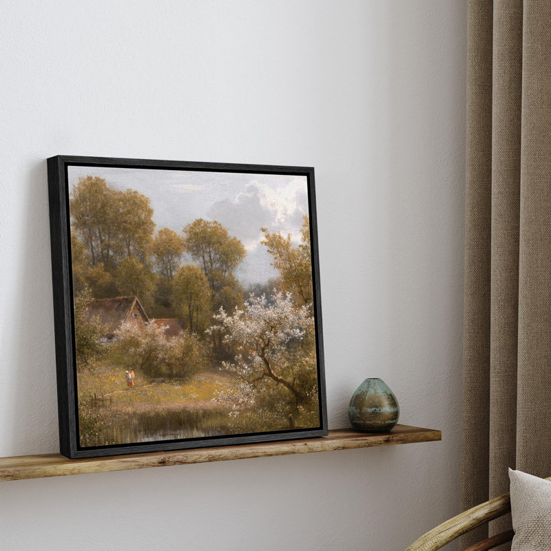 Bucolique, printemps, verger, campagne douce avec des arbres en pleine nature, illustrations rustiques zen encadrées sur toile