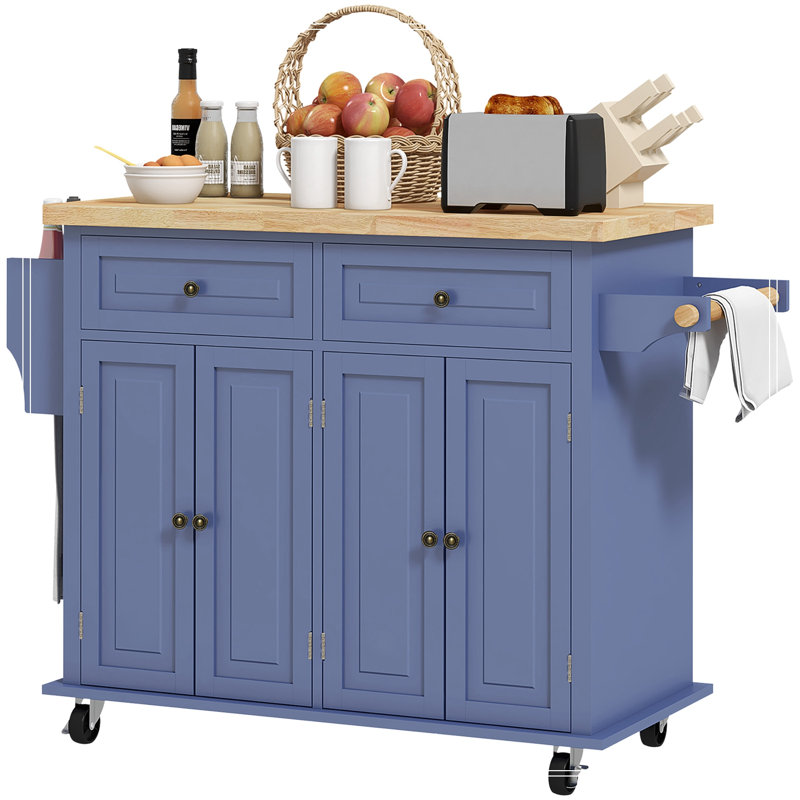 Îlot de cuisine avec armoires de rangement, 2 tiroirs et tablettes réglables, Marine