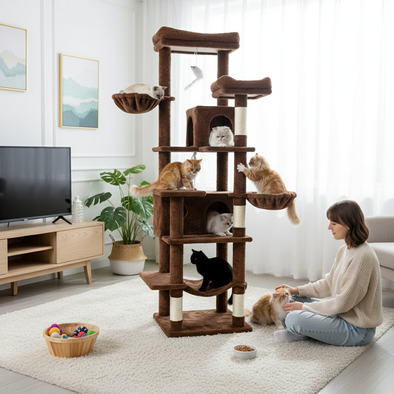 Arbre à chat 68 po de haut à plusieurs niveaux avec hamacs, panier suspendu, grotte pour chat, coussin amovible et poteaux à griffes