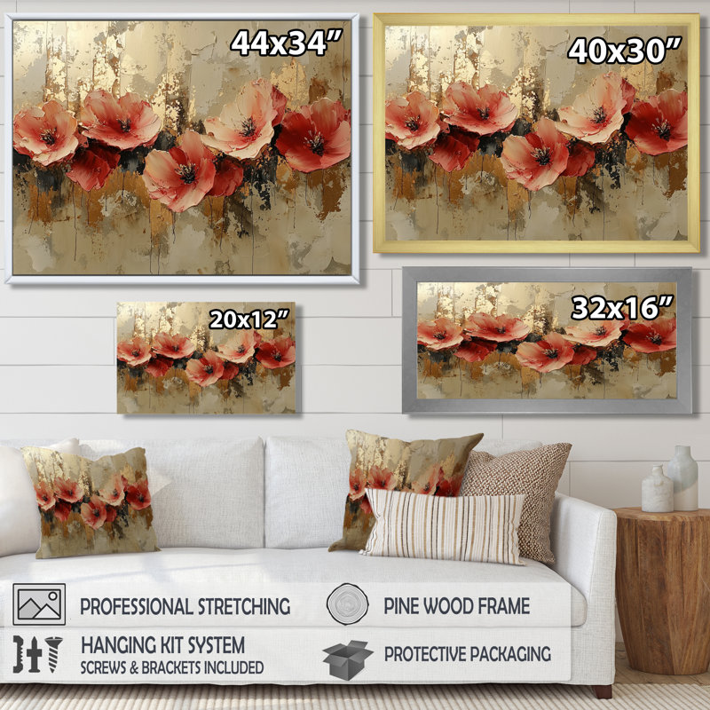 Murin Golden Fiery Poppies on Marble River - coquelicots, art mural, H 28 po x l 60 po, Toile tendue, Ne s’applique pas
