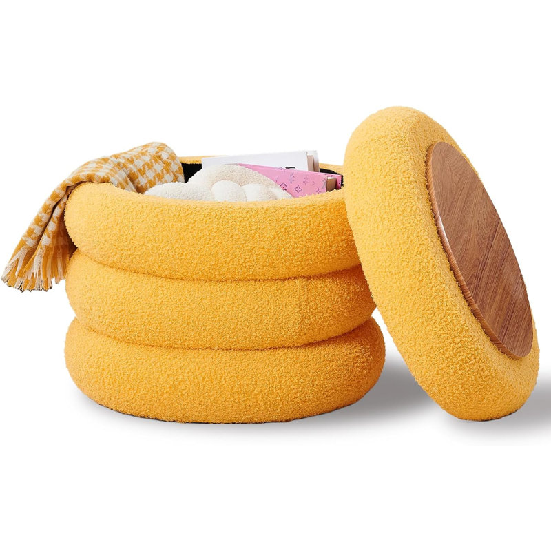 Repose-pieds rond avec rangement, tabouret Sherpa moderne, tabouret de coiffeuse Teddy avec plateau rabattable, Jaune