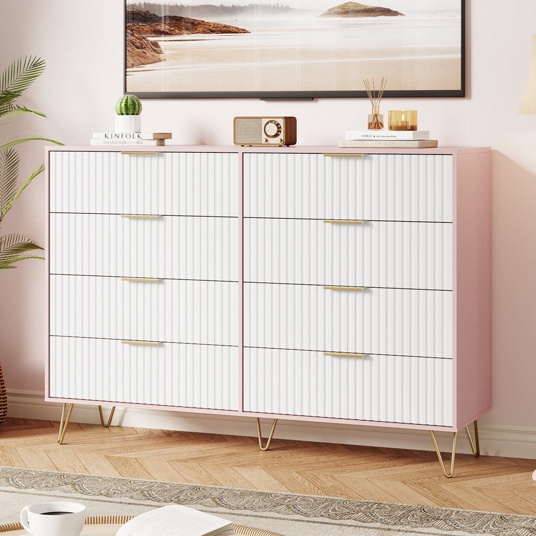 Fluted Dresser for Bedroom with 8 Drawers,55" Wide Modern Chest of Wooden Bedroom Chest with Metal Handle,Clothes Storage Organizer,Dresser & TV Stand