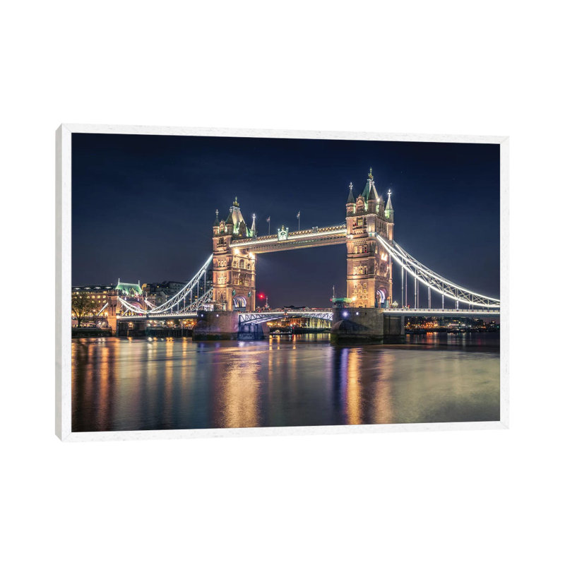 Night At The Tower Bridge by Nader El Assy - Print on Canvas, White Framed, 66.04cm H x 101.6cm W x 3.81cm D