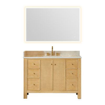 Cisca 48" Single Bathroom Vanity in Natural Wood with Grain White Engineered Stone Countertop with Mirror