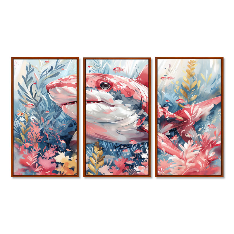 Aquarelle de requin rose et gris I - Sharkwall Art Wall Art, ensemble de salon, Toile avec cadre flottant brun