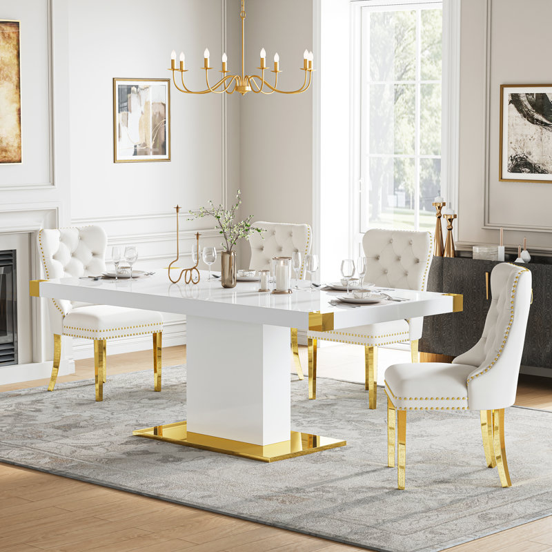 Modern 78.74" Rectangle Dining Table With Velvet Tufted Chairs And Nailhead Trim, Single Pedestal Gold Stainless Steel Base, Contemporary Minimalist Dining Table Set