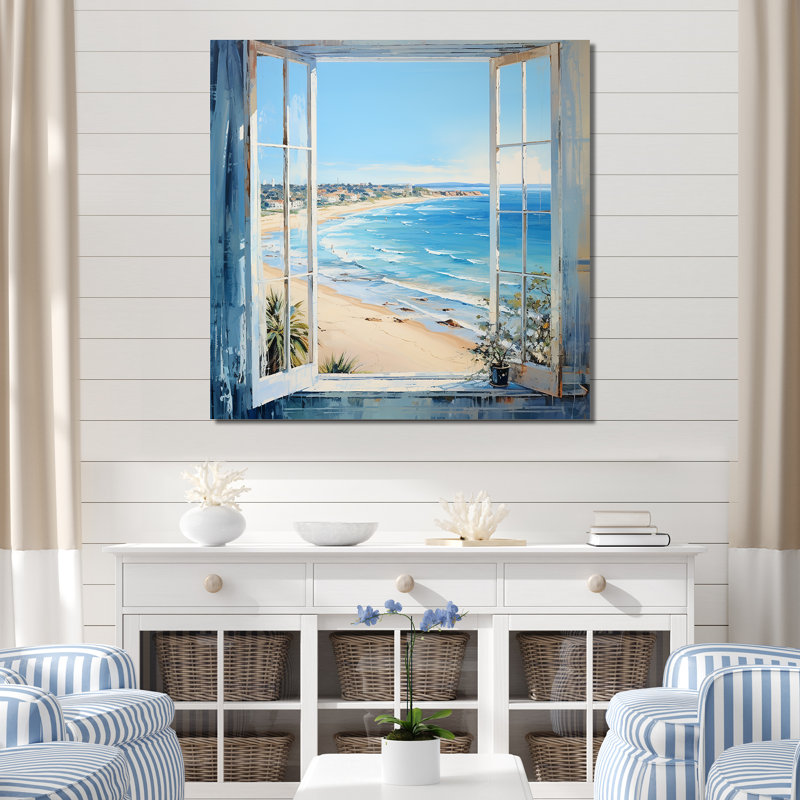 «Coastal Window View By The Beach III» - art mural côtier, H 30 po x l 30 po x P 1,5 po, Toile tendue