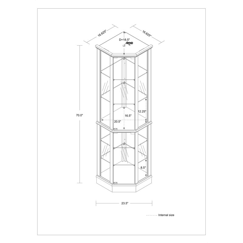 Vitrine de coin lumineuse avec portes en verre et tablettes en verre, Black Finish