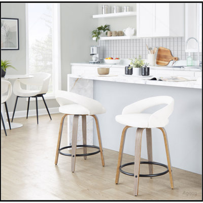 Tabouret de comptoir avec pivot en bois gris clair et similicuir blanc avec repose-pieds rond en métal noir - ensemble de 2