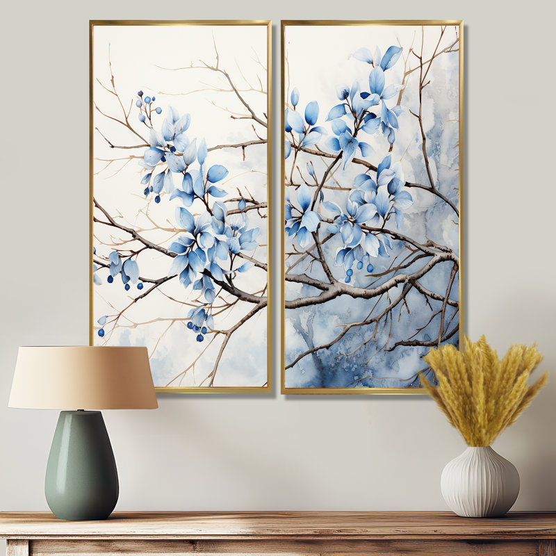 Feuilles bleues et grises sur feuilles - impressions sur toile surdimensionnées, H 20 po x l 24 po, Doré