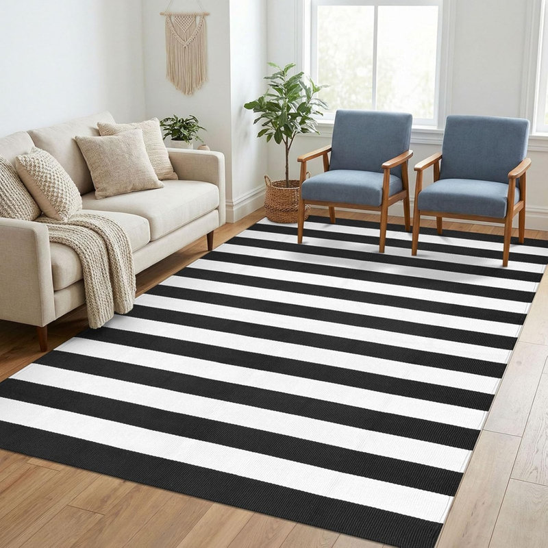 Black White Striped Rug 5' x 7' for Kitchen Patio