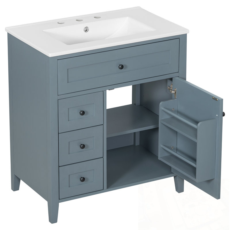 Meuble-lavabo avec lavabo, 3 tiroirs et tablette réglable, Bleu / Noir