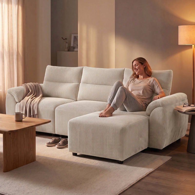 Canapé modulaire en L avec repose-pieds Boucle, Velours côtelé blanc, H 35 po x l 30 po x P 30 po