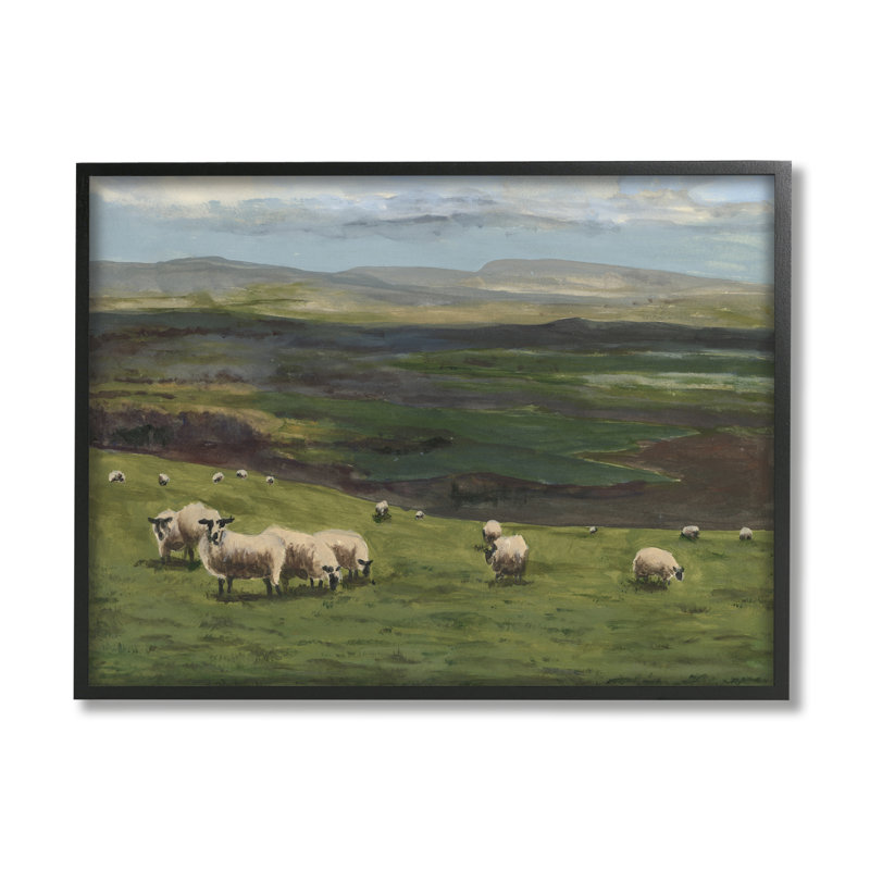 Troupeau de moutons paissant par Michael Willett, H 16 po x l 20 po x P 1,5 po, Giclée encadrée noir minuit