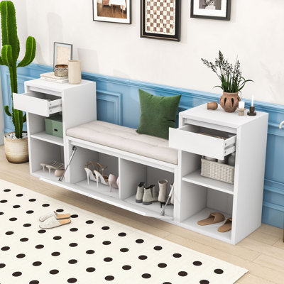 Banc de rangement en bois avec coussin, 2 tiroirs, compartiments rabattables et tablettes ouvertes réglables