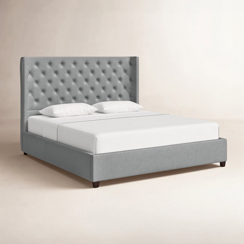 Lit plateforme tapissier très grand Naveen, Velours gris opale