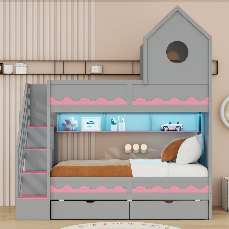 Lit superposé simple au-dessus de simple avec éclairage à DEL personnalisable et tiroirs, Gris