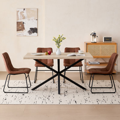 5-Piece Dining Table Set for 4, Modern 55" Wood Kitchen Table with 4 Brown Synthetic Leather Chairs for Dining Living Room Apartment Office