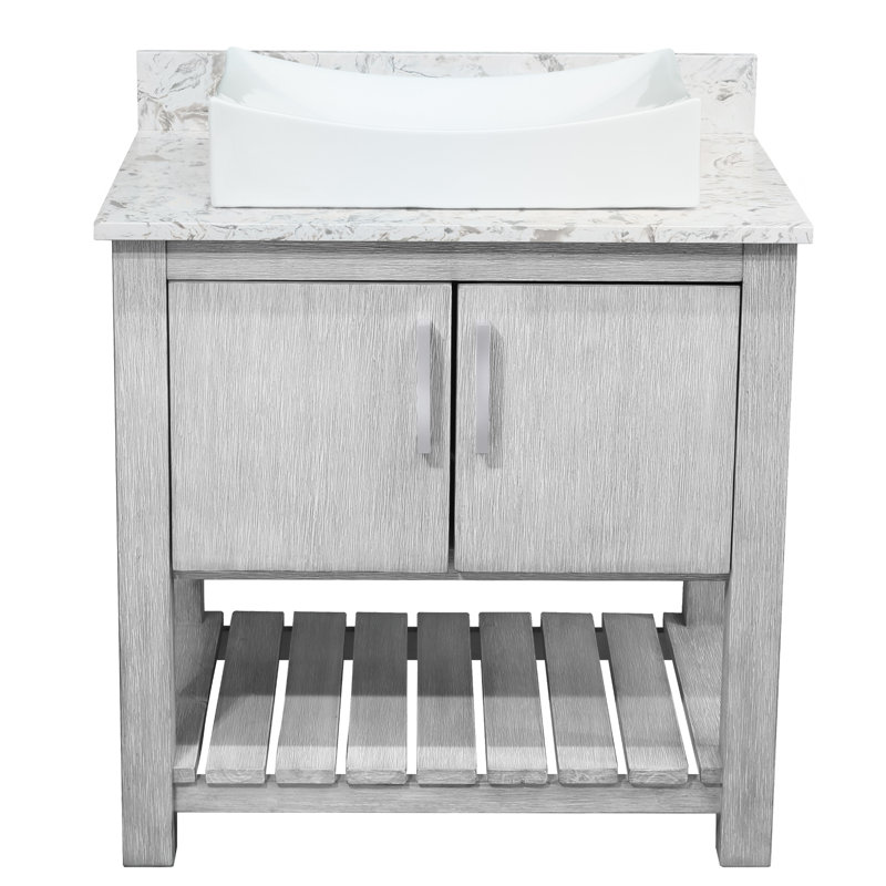 Meuble-lavabo de 30 po avec comptoir en quartz moka, lavabo en porcelaine, quincaillerie en nickel brossé, Nickel brossé