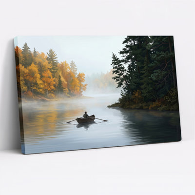 Rower in Wooden Canoe on Misty Lake with Golden Autumn Canvas Wall Art