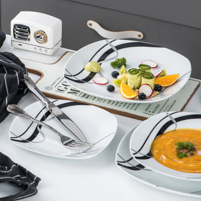 Ensemble de vaisselle 18 pièces à motif géométrique blanc ivoire pour 6 personnes, comprenant assiettes, assiettes à dessert et bols à soupe