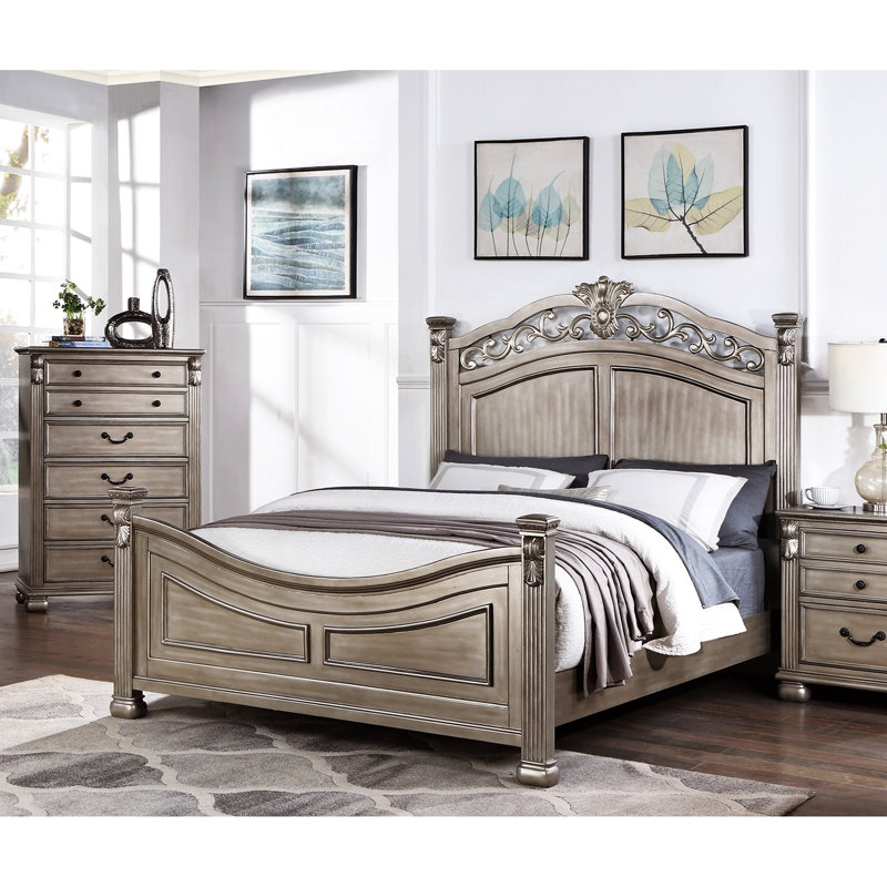 Lit de chambre à coucher, style traditionnel avec moulure argentée, cadre de lit classique