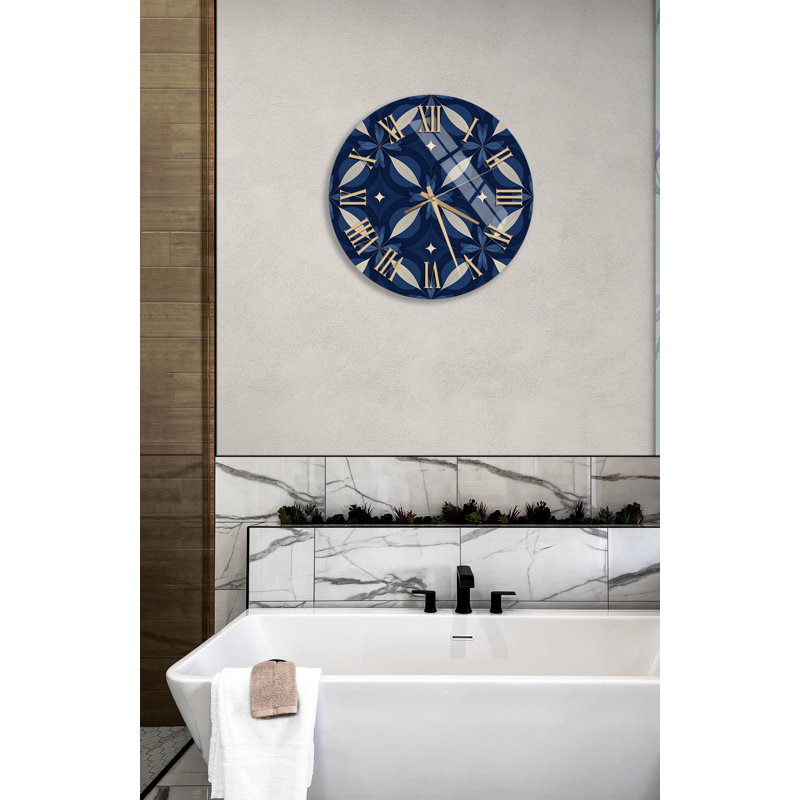 Horloge murale en verre trempé, motif géométrique bleu, style moderne, décoration intérieure, art abstrait, pièce maîtresse