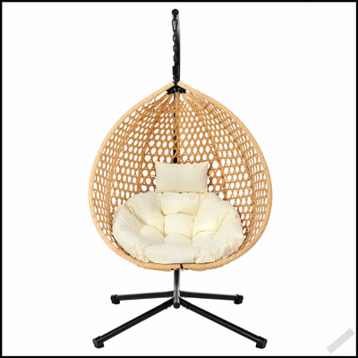 Fauteuil hamac robuste avec support, fauteuil à œufs suspendu durable avec tissage en rotin, balançoire intérieure et extérieure confortable avec coussin moelleux