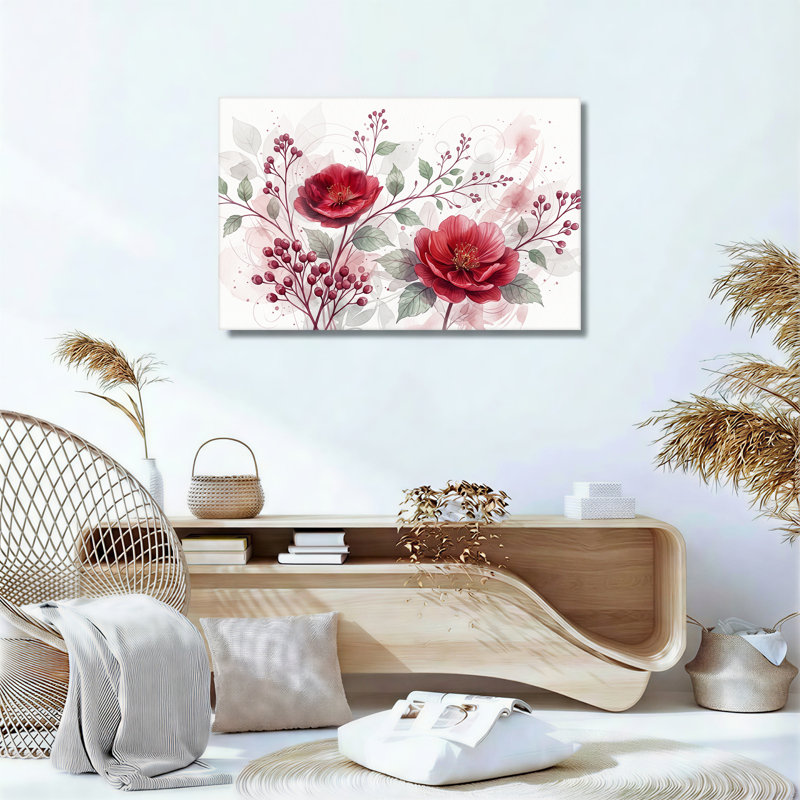 Tableau sur toile représentant des fleurs et des baies rouges avec des feuilles vertes, 16"H x 24"W