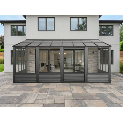Gazebo Penguin Florence Wall Mounted Solarium 8 Ft x 16 Ft Polycarbonate Roof - Black