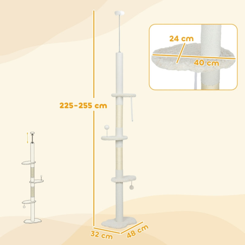 225‑255cm Adjustable Floor‑to‑Ceiling Cat Climbing Tower with Sisal Posts, Hanging Balls & Anti‑Tip Strap, Beige