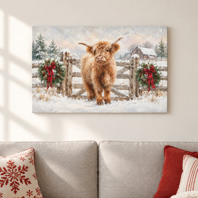Rustic Highland Cow and Christmas Wreaths Farmhouse Painting on Canvas