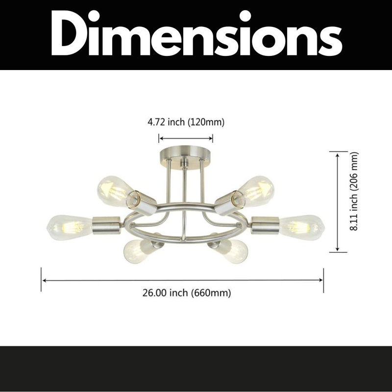 Plafonnier semi-encastré 6 lumières, Nickel brossé