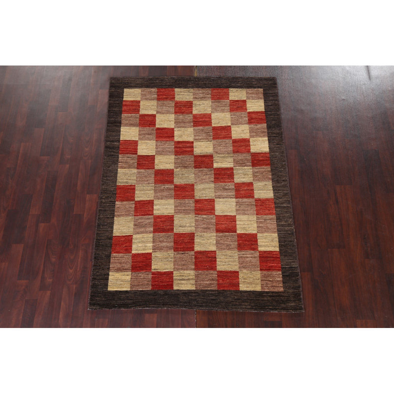 Tapis oriental à carreaux Gabbeh Kashkoli Teasdale noué à la main 5 x 7